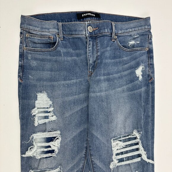 Express Cropped Skinny Mid Rise Distressed Women's size 12 Blue Denim jeans - Picture 2 of 4